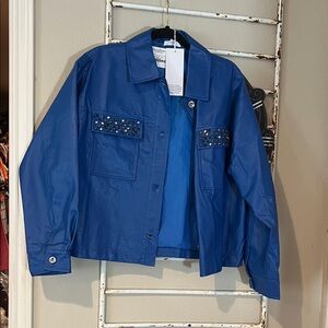 Stylish Blue Faux Leather Jacket with Stud Accents